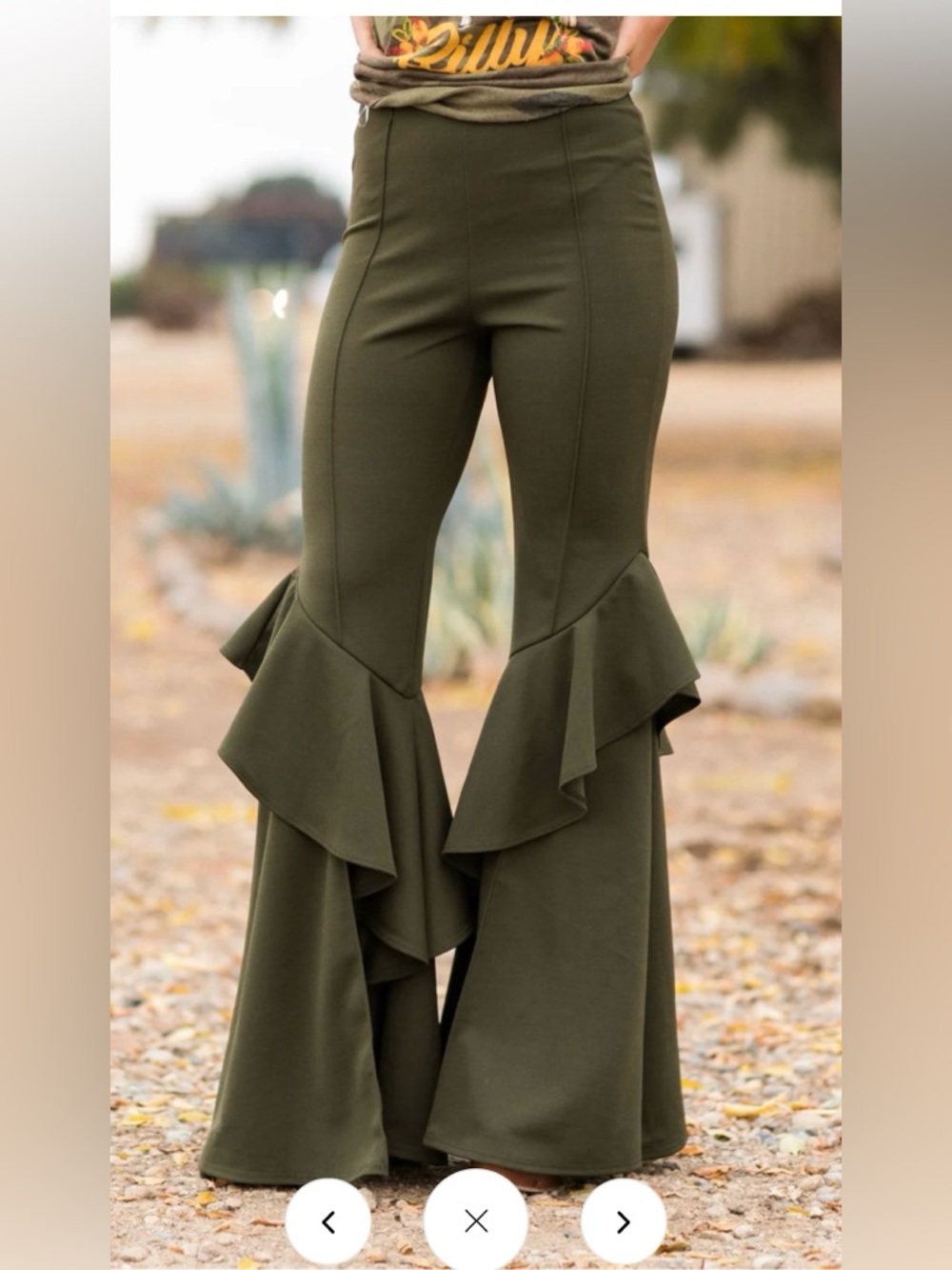Rodeo Quincy Senorita Bells-  Olive Green Ruffle Flare Pants - Women